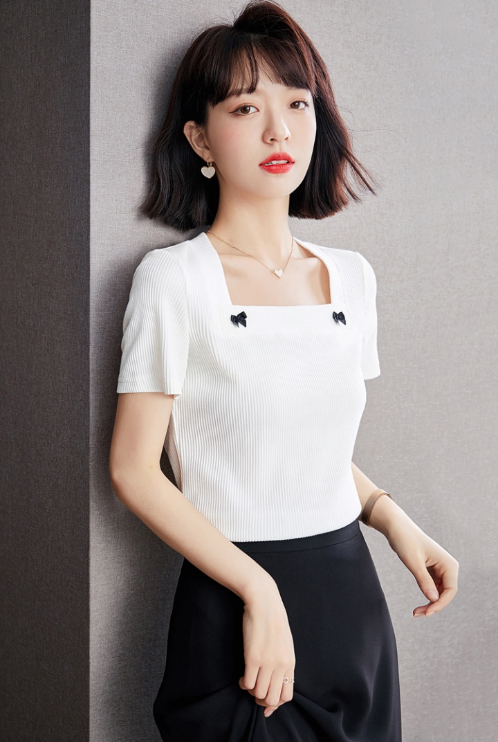 White loose square collar clavicle retro slim tops