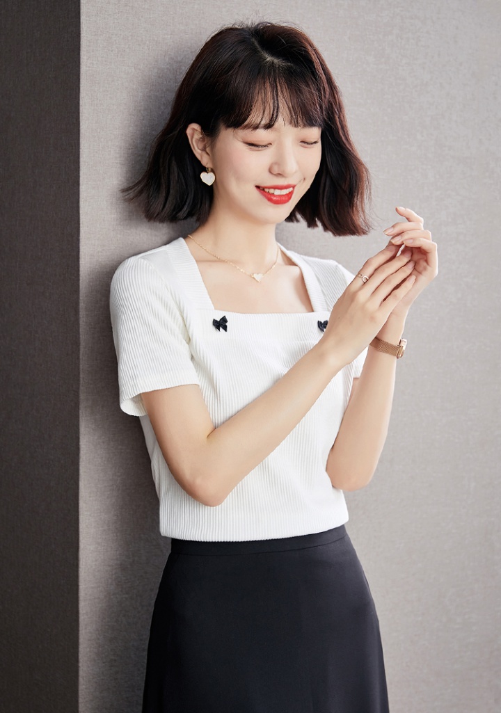 White loose square collar clavicle retro slim tops