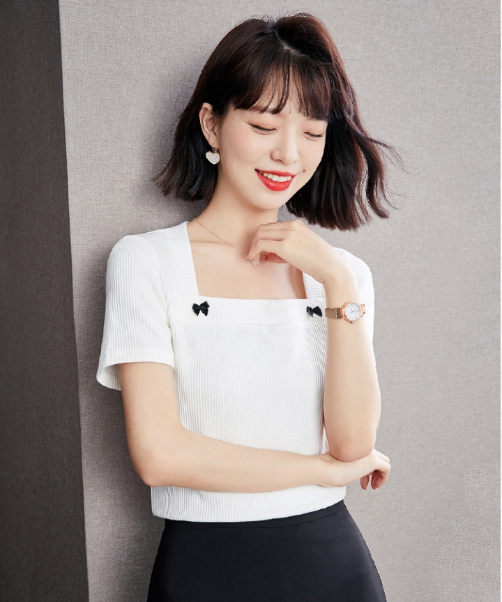 White loose square collar clavicle retro slim tops