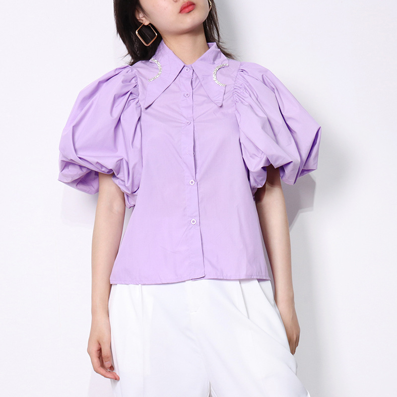 Puff sleeve lapel pure single-breasted shirt for women