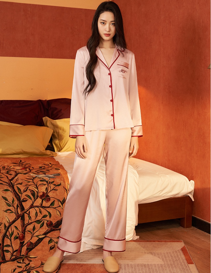 Satin silk long pants thin pajamas a set for women