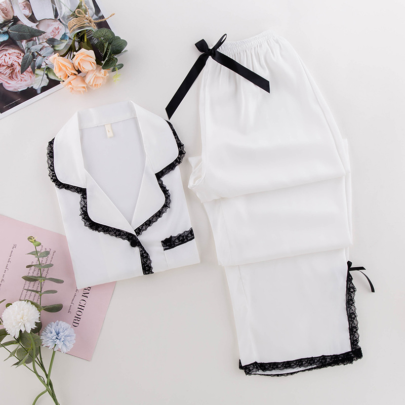 Lace long sleeve long pants silk pajamas a set for women