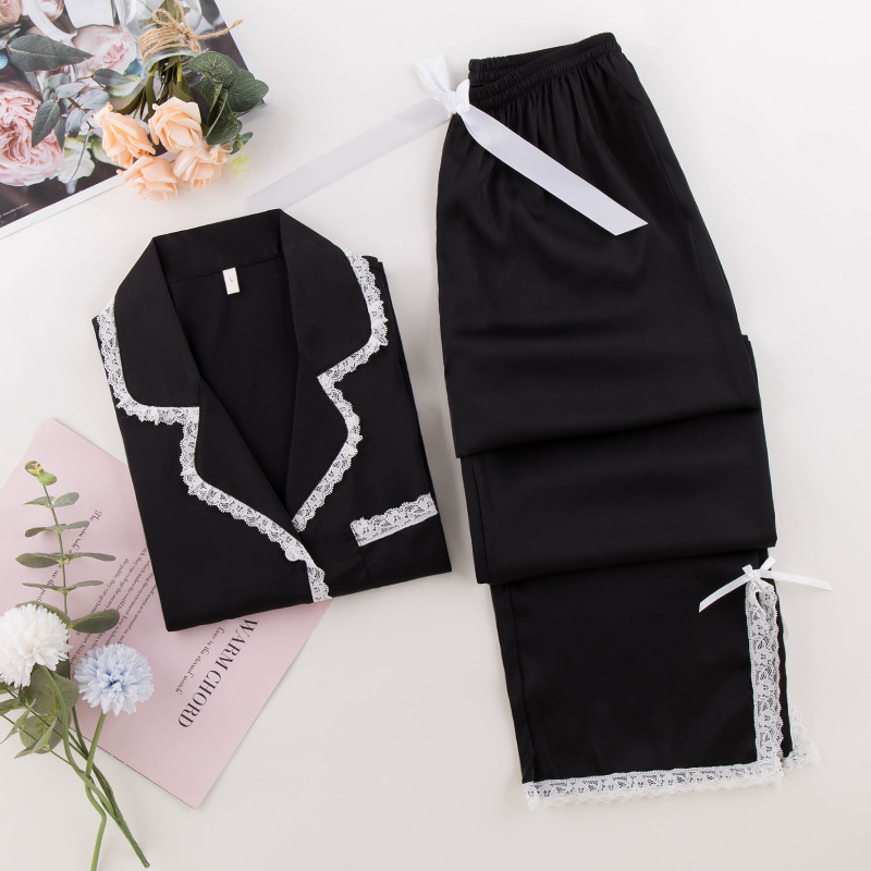 Lace long sleeve long pants silk pajamas a set for women