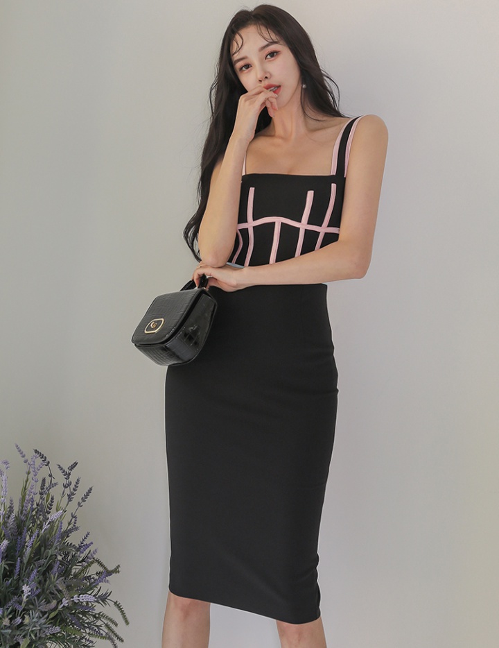 Stripe high waist Korean style slim V-neck dress for women