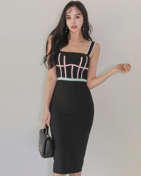 Stripe high waist Korean style slim V-neck dress for women