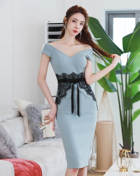 Korean style wrapped chest lace V-neck splice dress