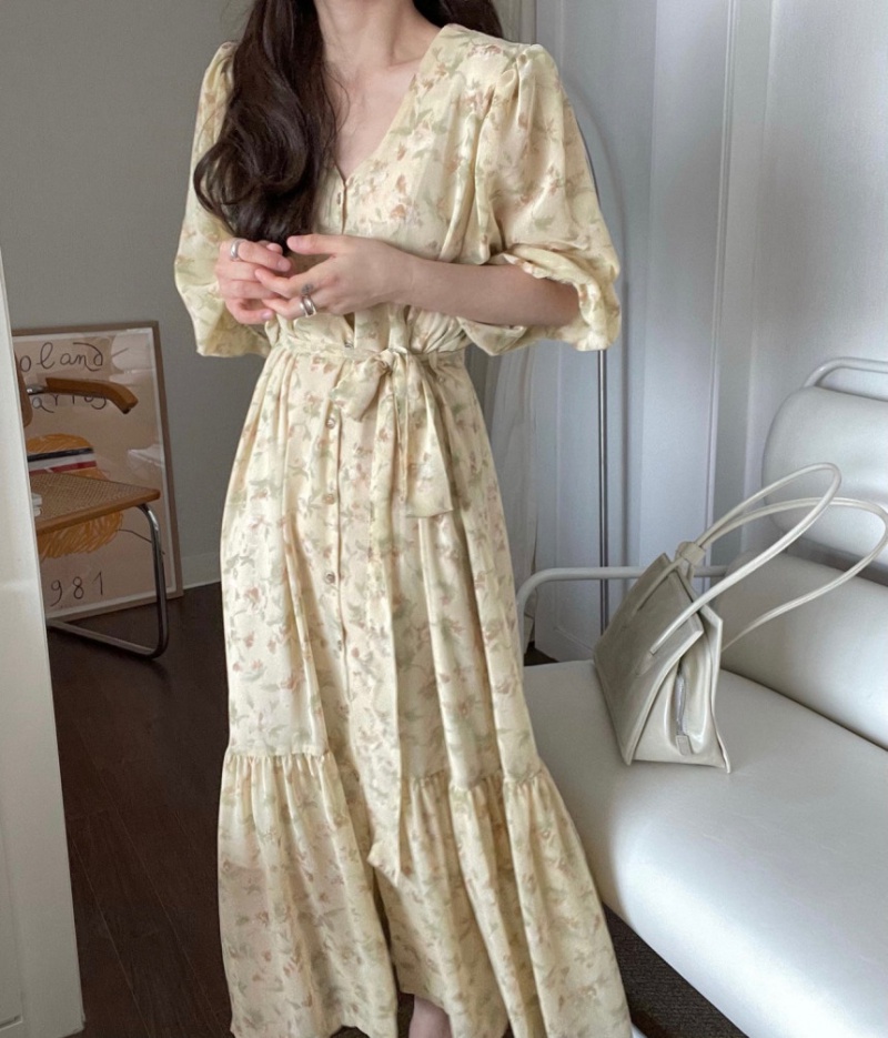 Frenum Korean style chiffon long floral dress