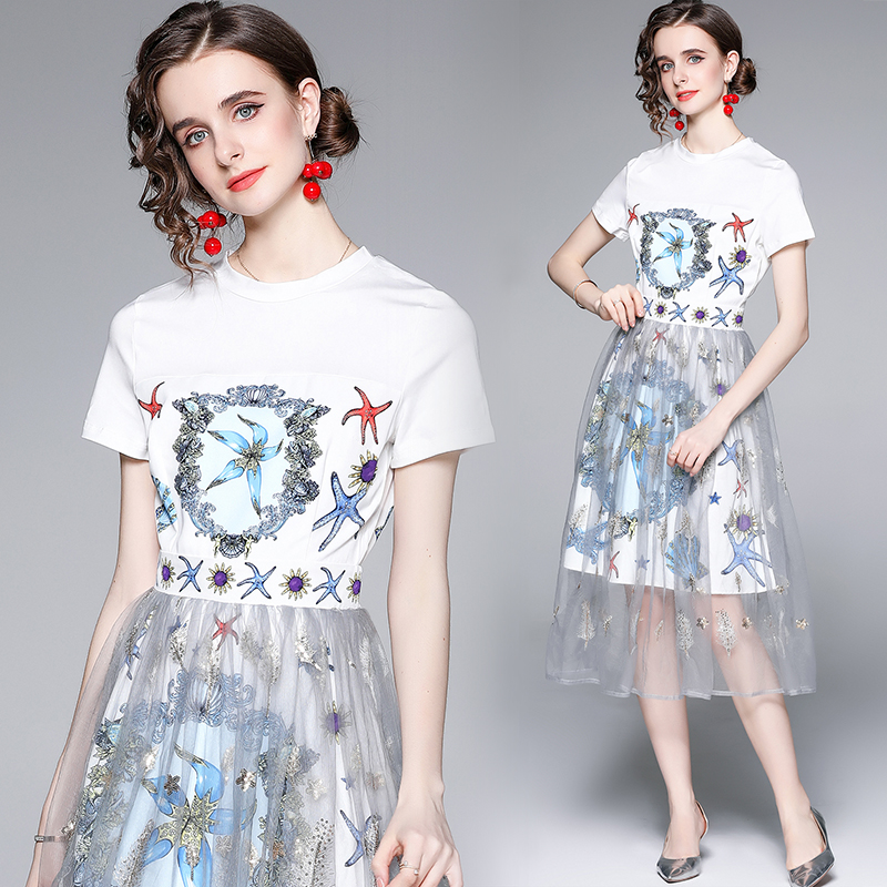 Gauze feather summer embroidery stitching dress