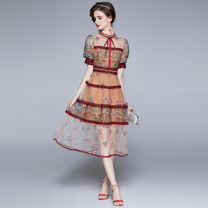 Summer embroidery gauze pinched waist lace slim dress