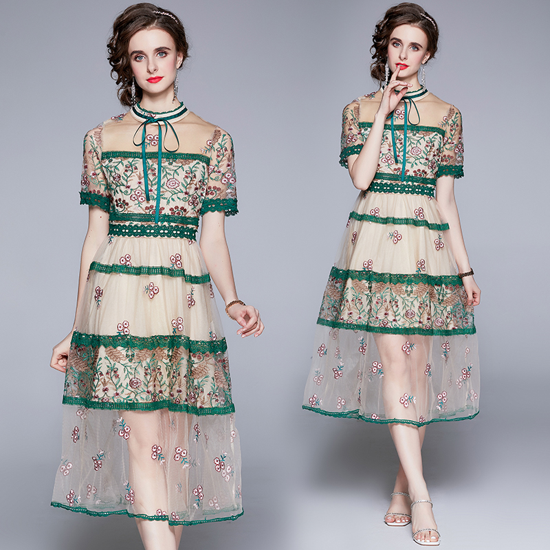 Gauze summer fashion slim sweet embroidered dress