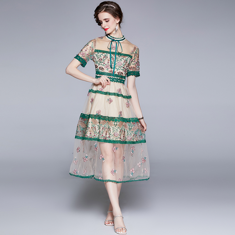 Gauze summer fashion slim sweet embroidered dress