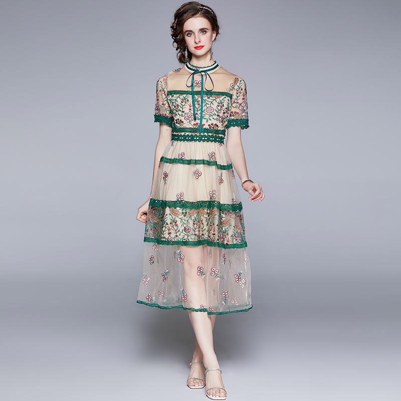 Gauze summer fashion slim sweet embroidered dress