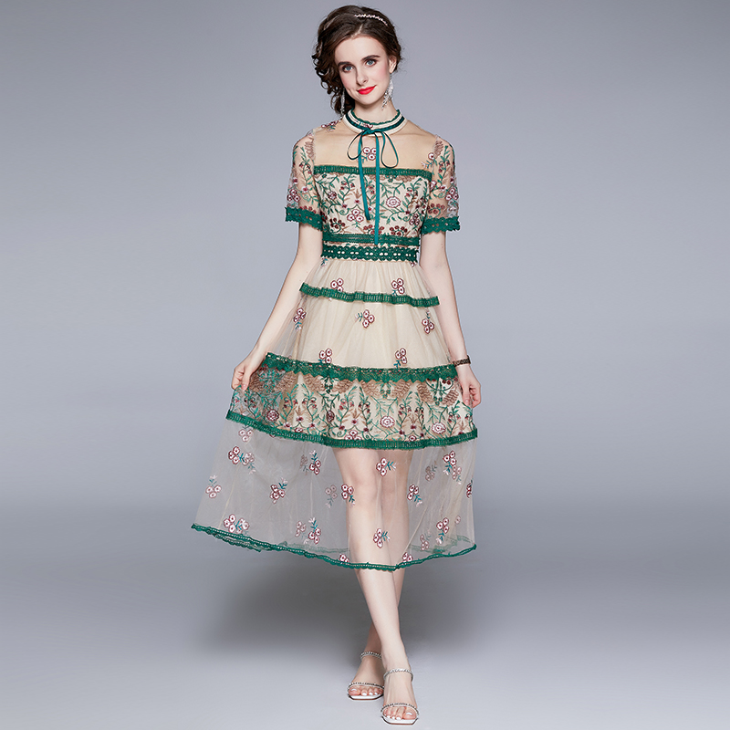 Gauze summer fashion slim sweet embroidered dress