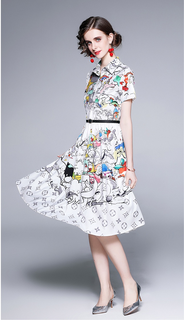 Short sleeve lapel cartoon big skirt digital dress