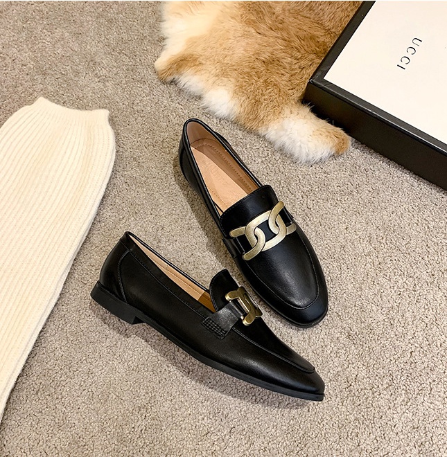 Black small square head loafers soft soles pure leather shoes