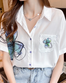 Loose minority small shirt white printing tops for women