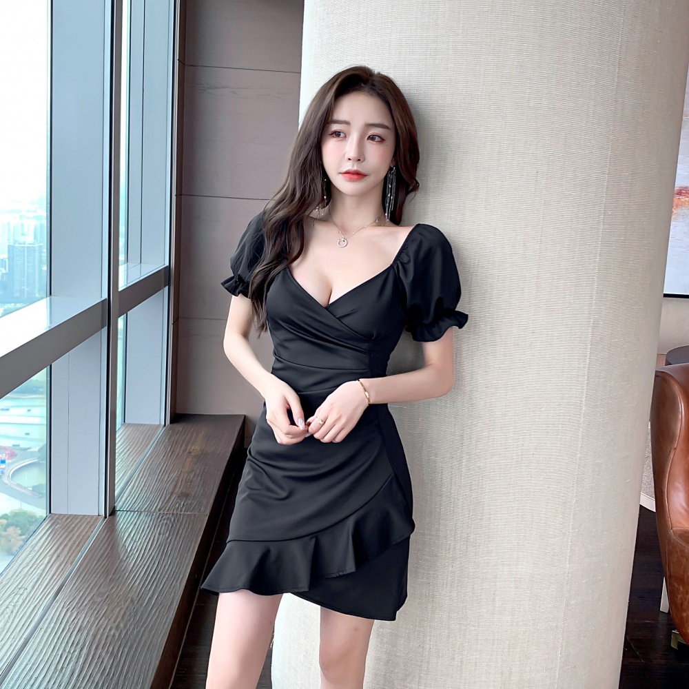 Summer pinched waist lotus leaf edges slim sexy dress