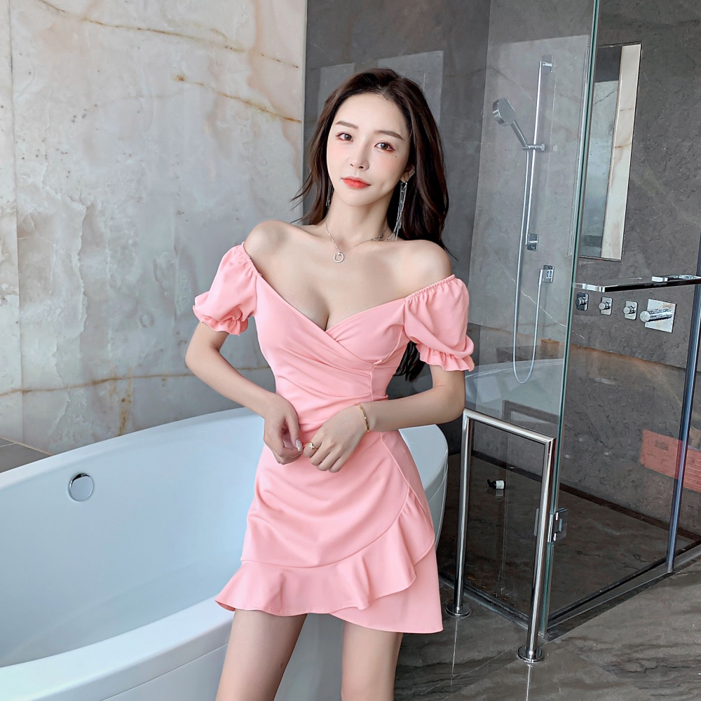 Summer pinched waist lotus leaf edges slim sexy dress