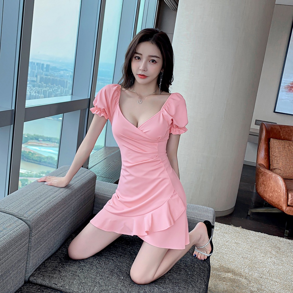 Summer pinched waist lotus leaf edges slim sexy dress