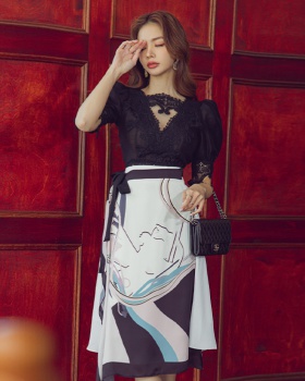 V-neck short tops printing fashion short skirt 2pcs set