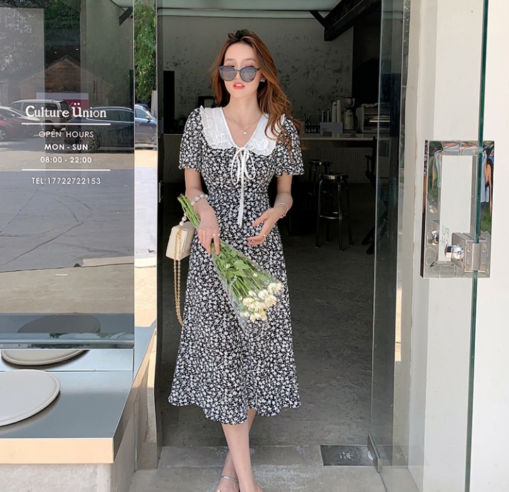 Doll collar floral puff sleeve slim dress for women