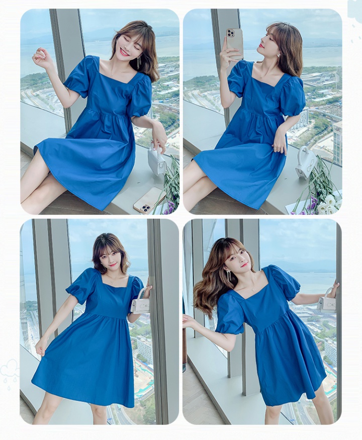 Puff sleeve spring blue square collar dress for women