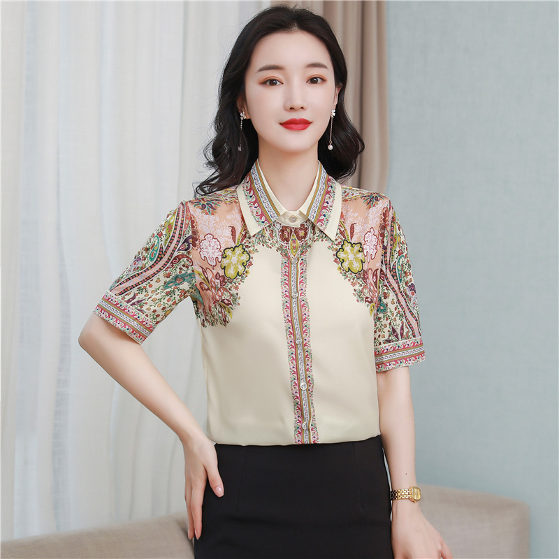 Short sleeve summer tops real silk satin shirt for women