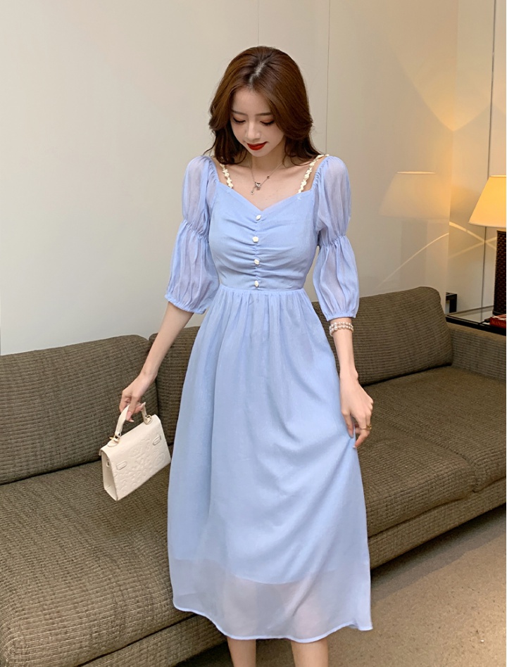 Retro blue summer minority court style tender dress