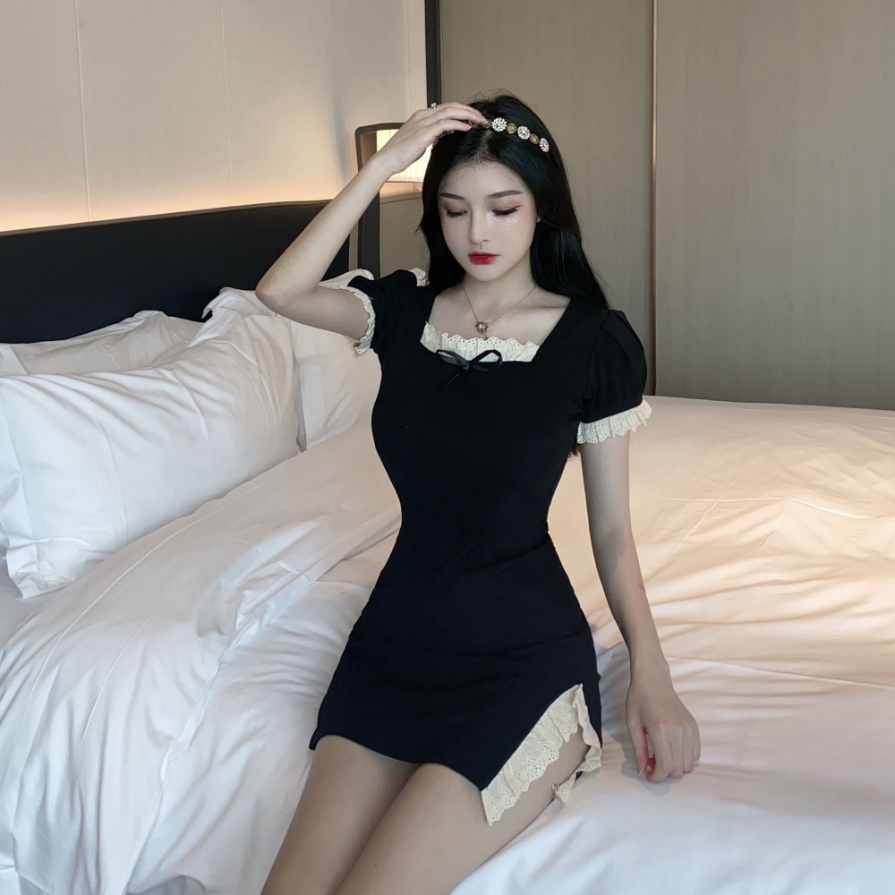 Short sleeve tight package hip lace slit sexy dress
