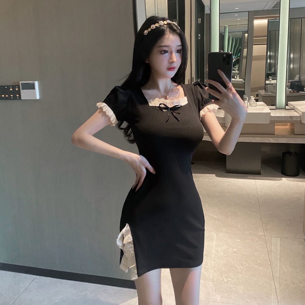 Short sleeve tight package hip lace slit sexy dress
