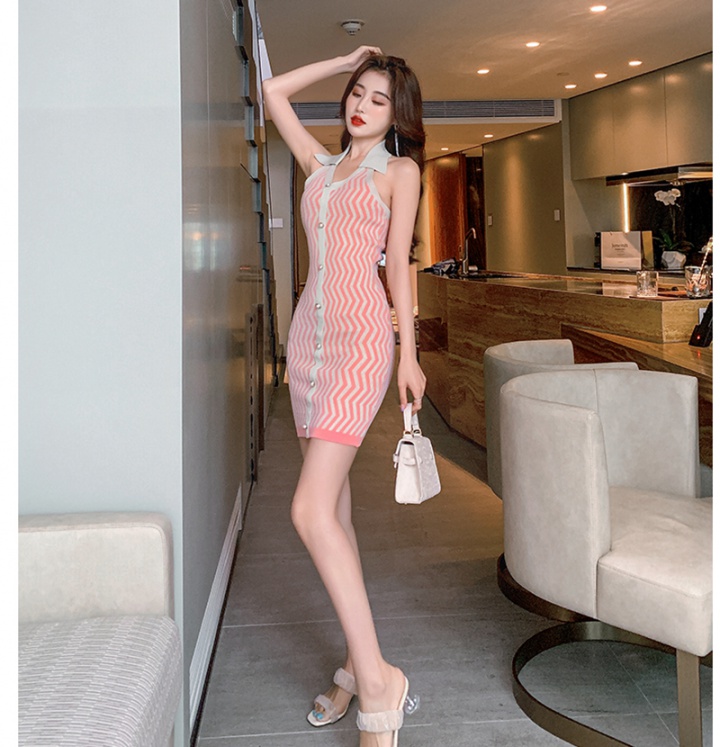 Slim knitted package hip halter temperament mixed colors dress
