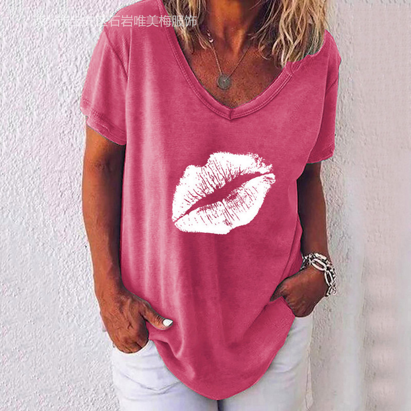Short sleeve mouth V-neck red lips summer T-shirt