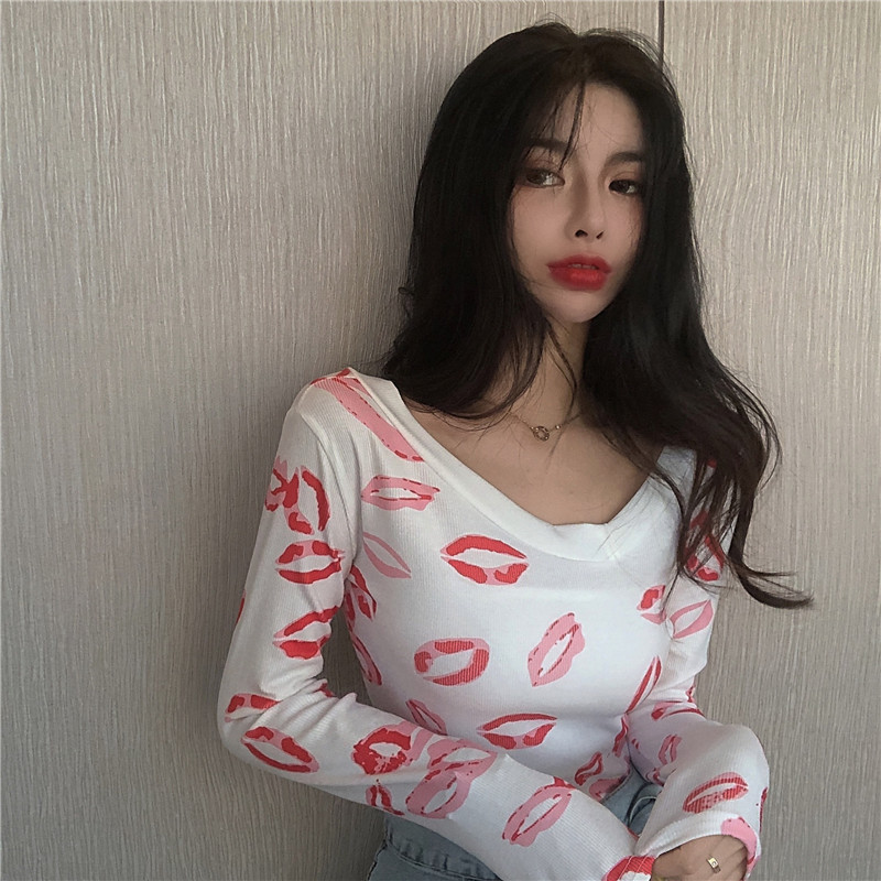 Long sleeve red lips bottoming shirt sexy slim tops