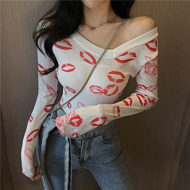 Long sleeve red lips bottoming shirt sexy slim tops