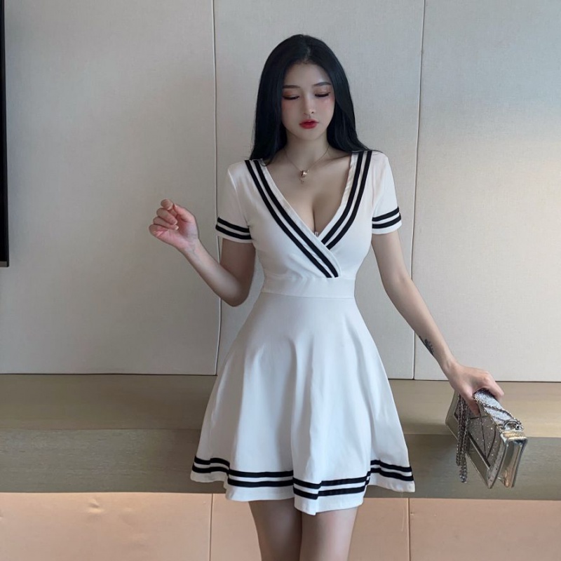 Korean style slim pinched waist temperament stripe dress