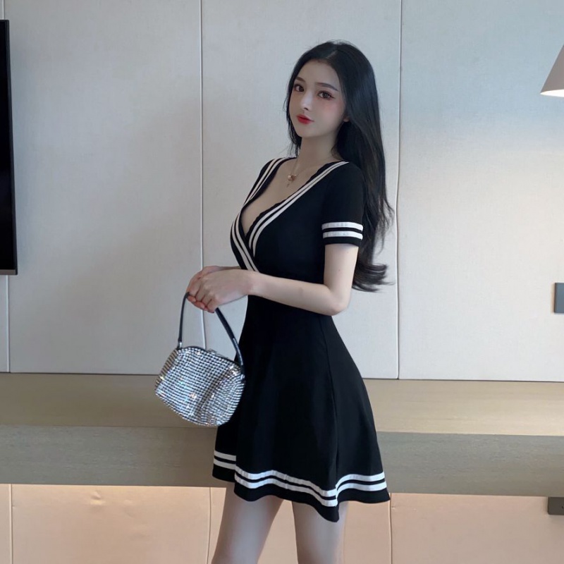 Korean style slim pinched waist temperament stripe dress