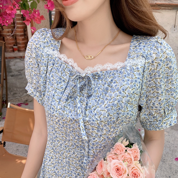 Lace bandage romantic pinched waist V-neck summer dress
