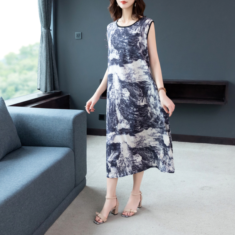 Retro large yard printing temperament sleeveless dress