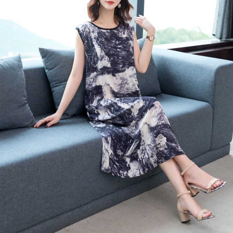 Retro large yard printing temperament sleeveless dress