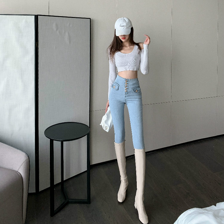 Metal buckles light-blue jeans personality pencil pants