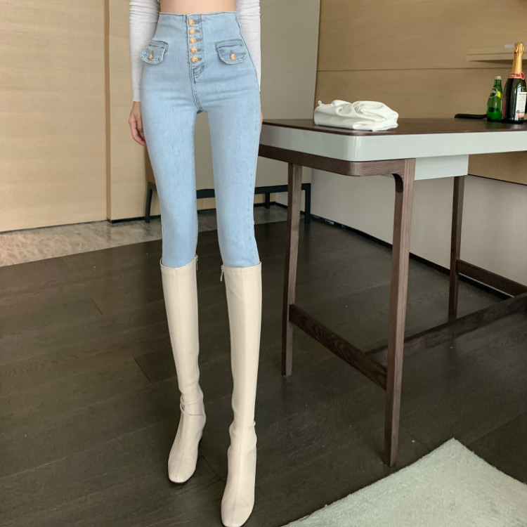 Metal buckles light-blue jeans personality pencil pants