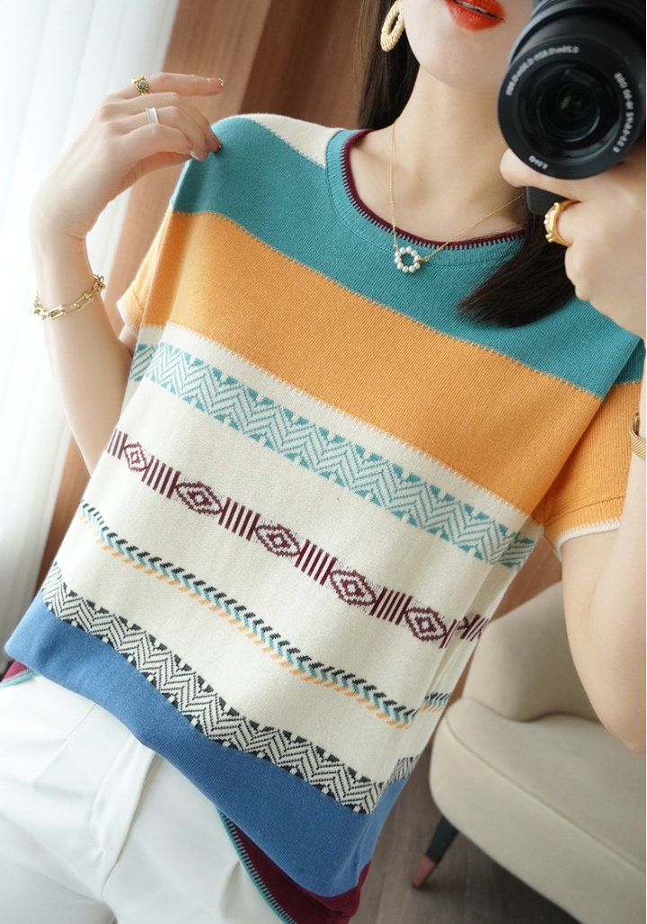 Summer pure cotton tops cotton linen stripe T-shirt for women