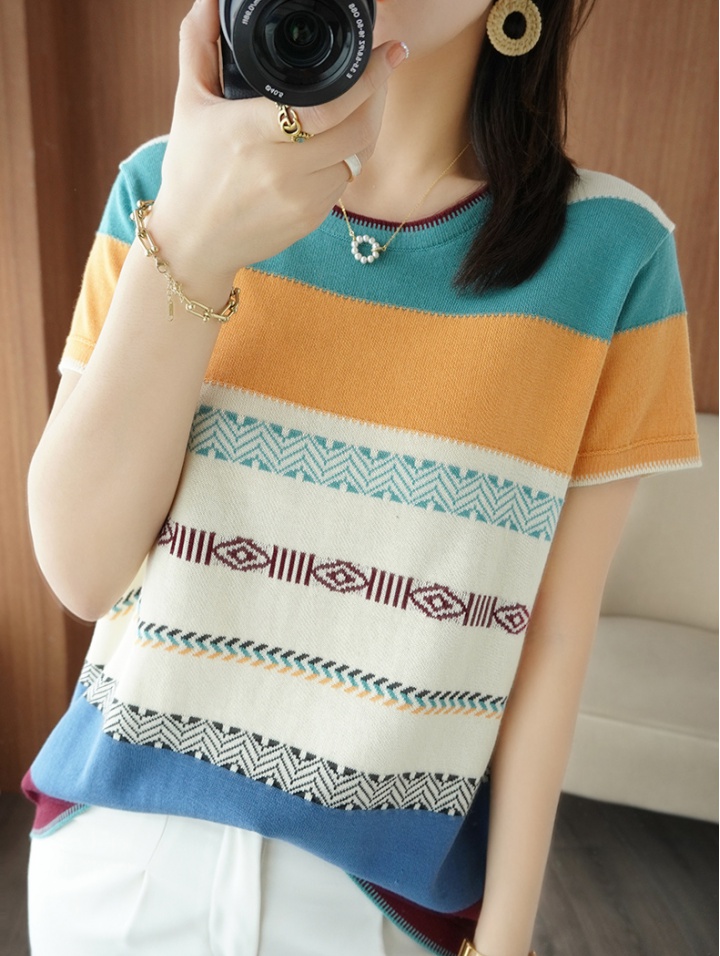 Summer pure cotton tops cotton linen stripe T-shirt for women