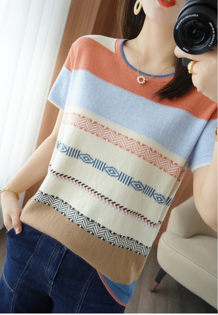 Summer pure cotton tops cotton linen stripe T-shirt for women