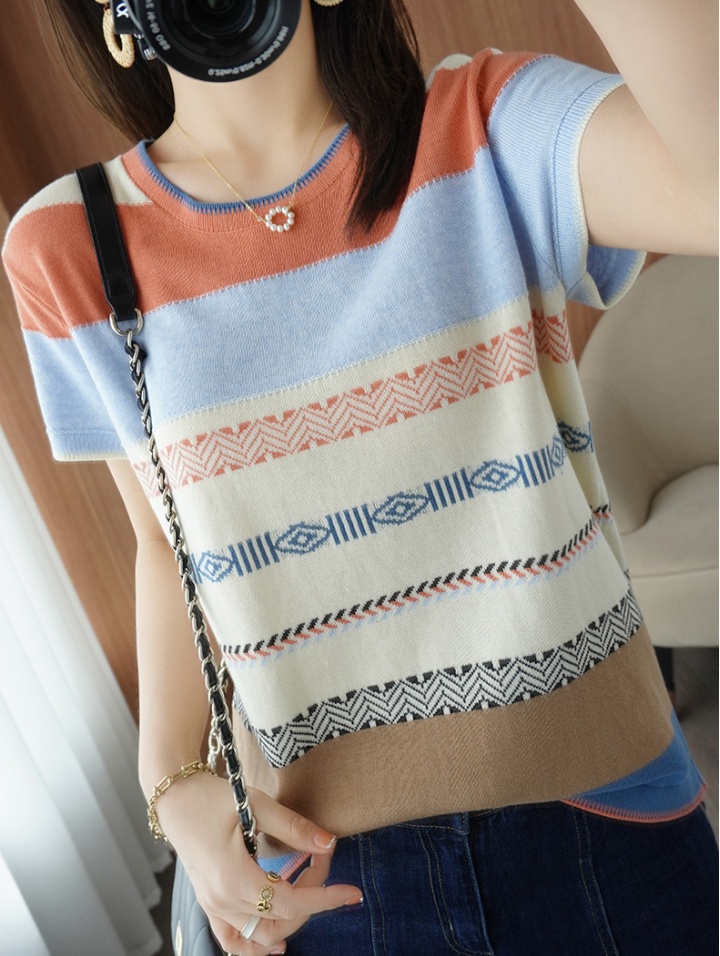 Summer pure cotton tops cotton linen stripe T-shirt for women