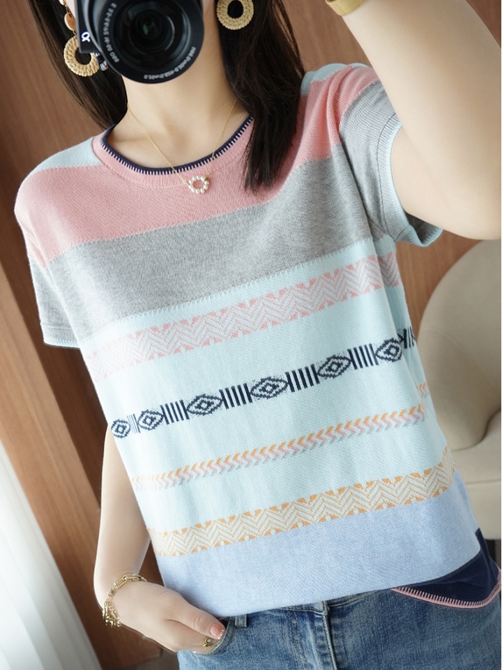 Summer pure cotton tops cotton linen stripe T-shirt for women