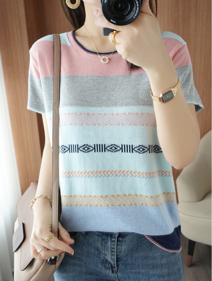 Summer pure cotton tops cotton linen stripe T-shirt for women