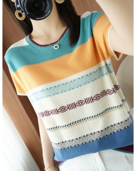 Summer pure cotton tops cotton linen stripe T-shirt for women