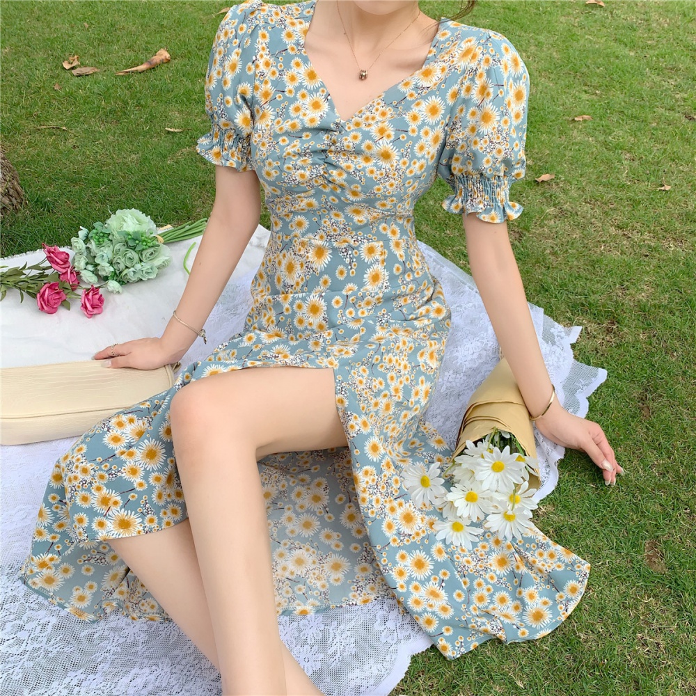 Lady summer puff sleeve daisy painting long temperament slim dress