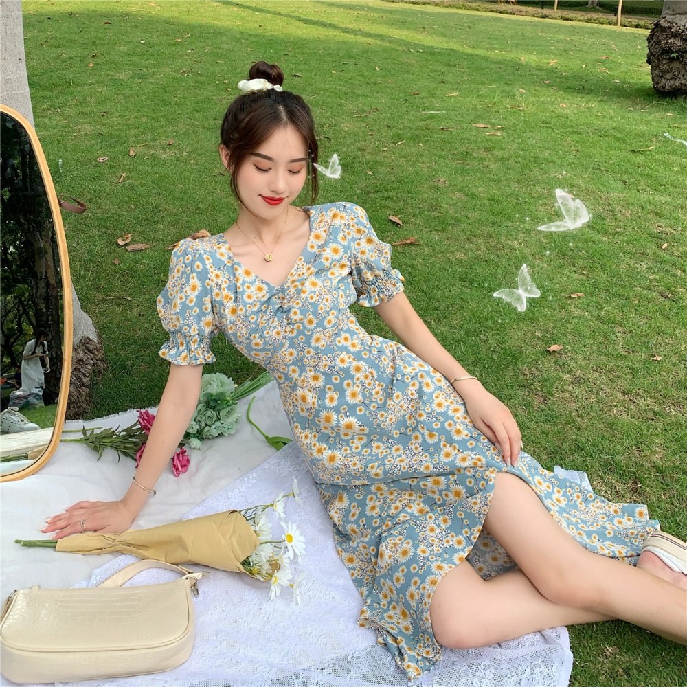 Lady summer puff sleeve daisy painting long temperament slim dress
